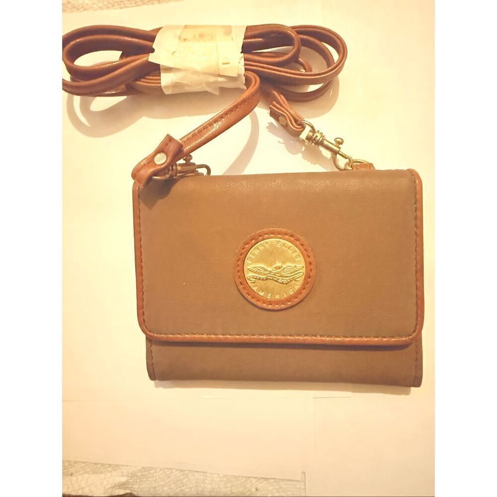 Vintage Perry Ellis America Womens Leather Crossbody Trifold Wallet Bag Tan NWOT